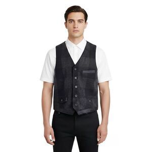 DKNY Mens Jeans Vest Sz Large Y2K Plaid Wedding Groom WaistCoat Preppy Festival
